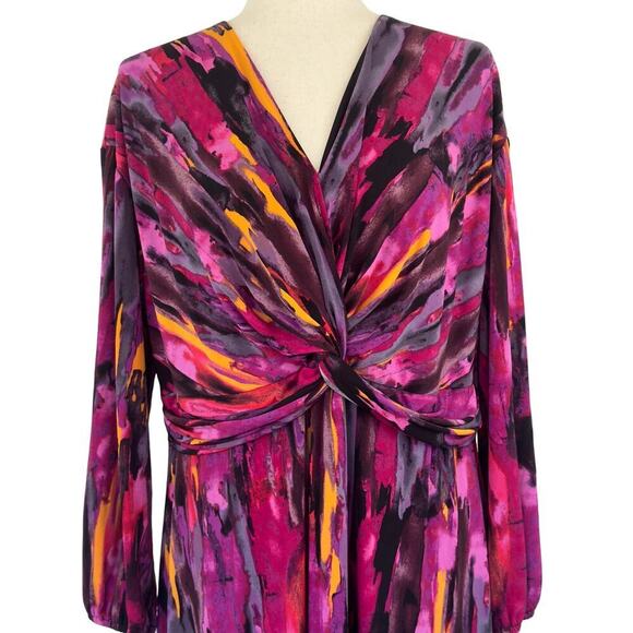 MAGGY LONDON TWIST FRONT ASYMMETRIC HEM MIDI DRESS IN BERRY MULTI NWT SIZE 14W - Picture 6 of 16